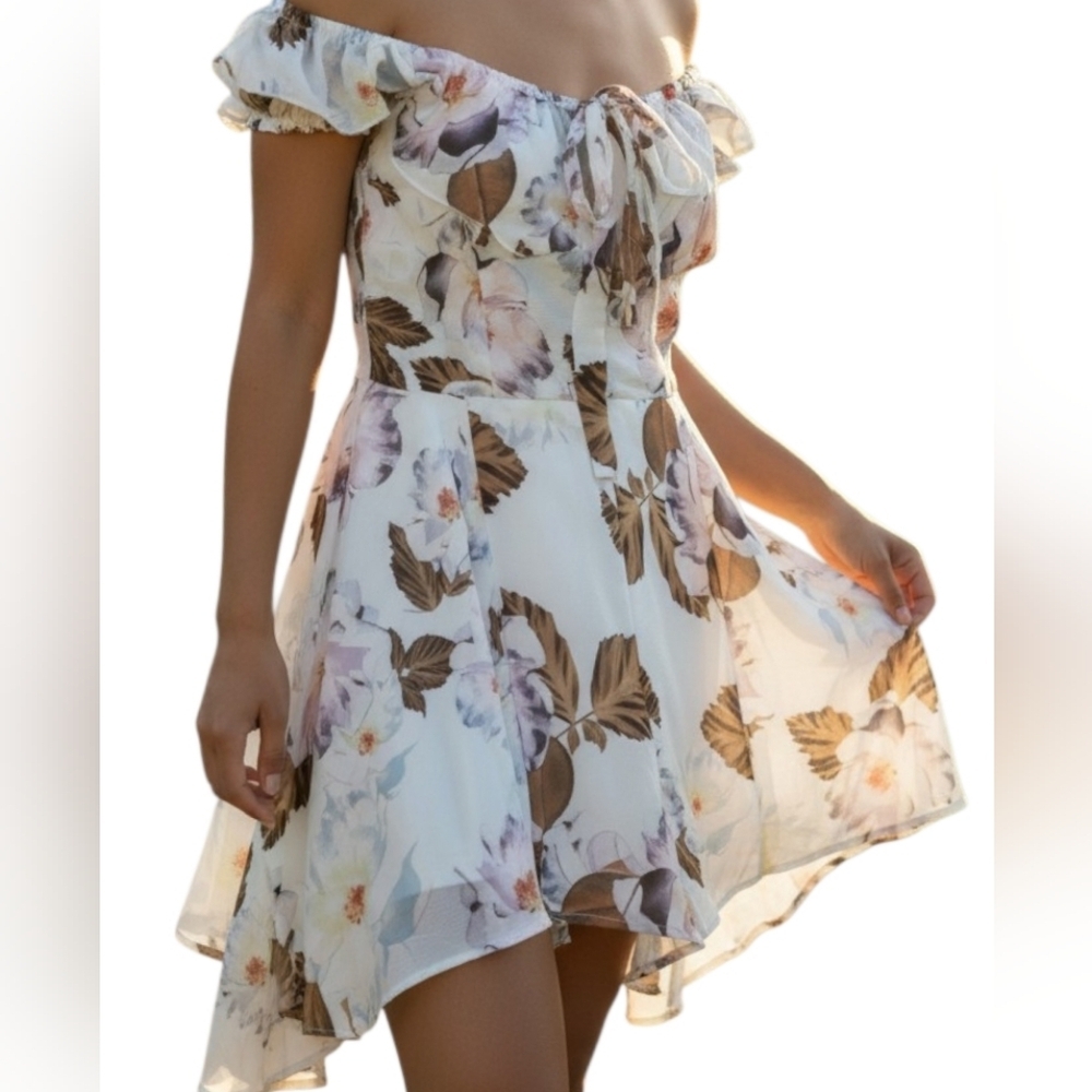 Light Blue Floral Off-Shoulder Mini ROMPER with Brown Leaf Print Petite